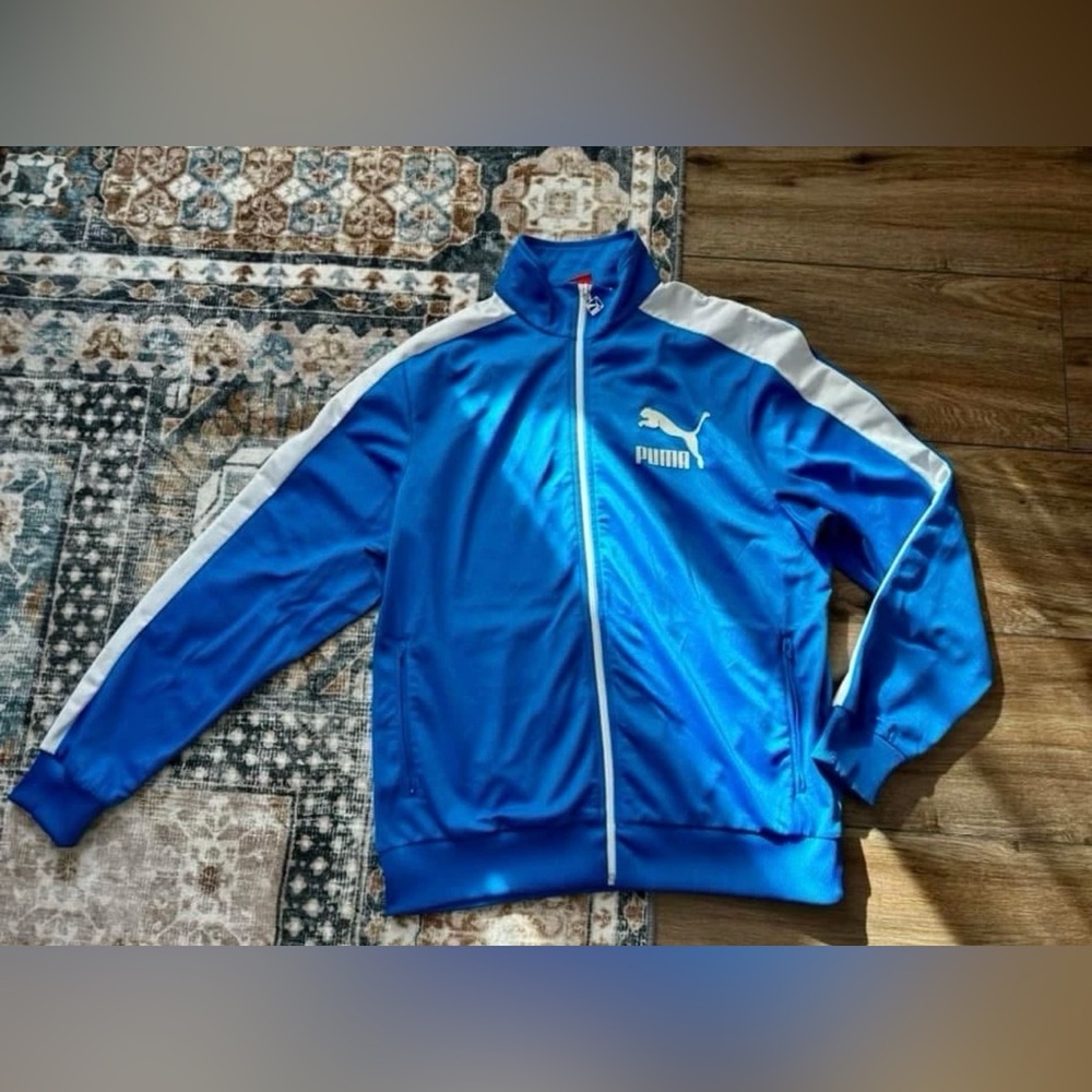 Vintage 90s Bright Blue Puma Men’s Unisex Athletic Track Jacket Size Large